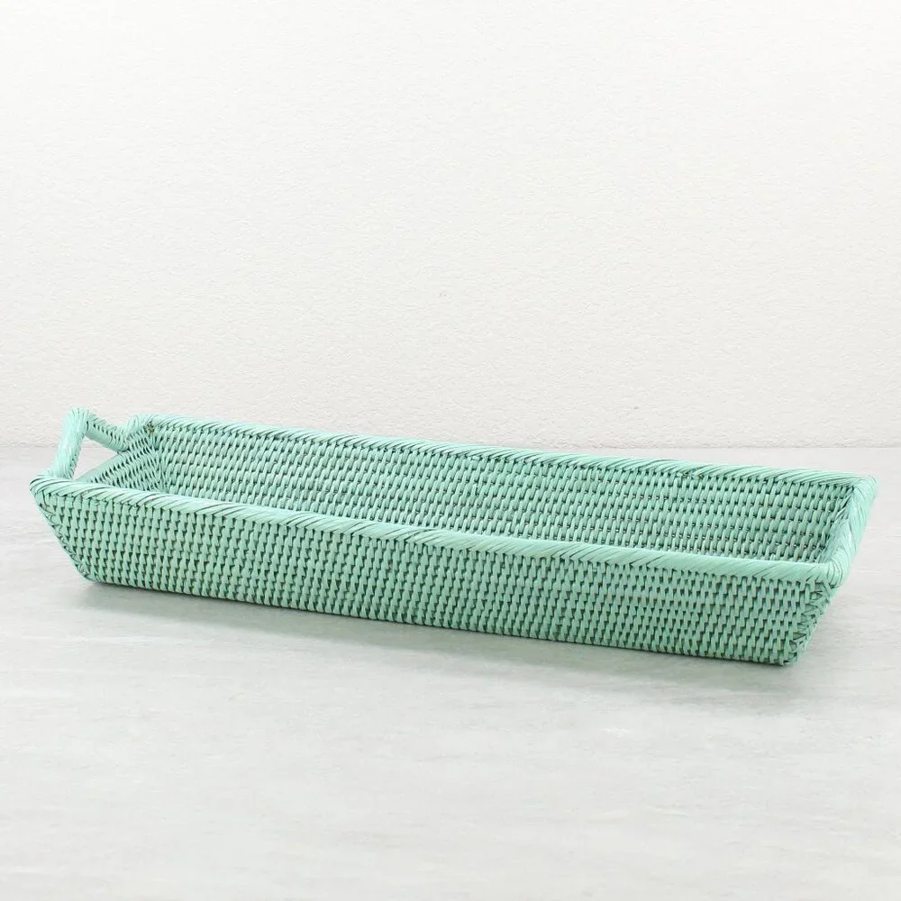 NEW Long Large Tight Woven Rattan Tray with Handles, Sage Leaf